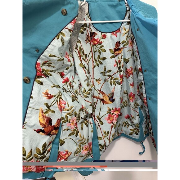 Tulle Turquoise Trench Coat Floral Bird Lining Belted Double Breasted Women’s M - Picture 9 of 9